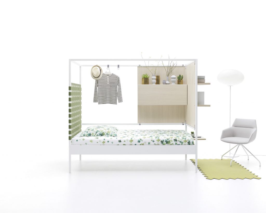 Una original y moderna estructura de cama capaz de construir un espacio diferente, íntimo y acogedor.